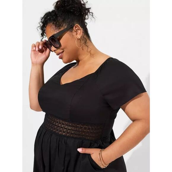 NWT Torrid Cotton Poplin Sheer Lace Waist Tie Back Tiered Midi Dress 3X Classic - Picture 2 of 16